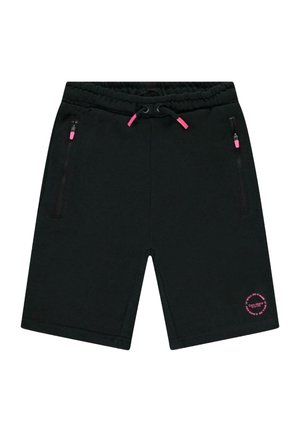 Zwarte sportshorts met roze trekkoorden en ritszakken, met een ronde roze logo aan de onderkant rechts.