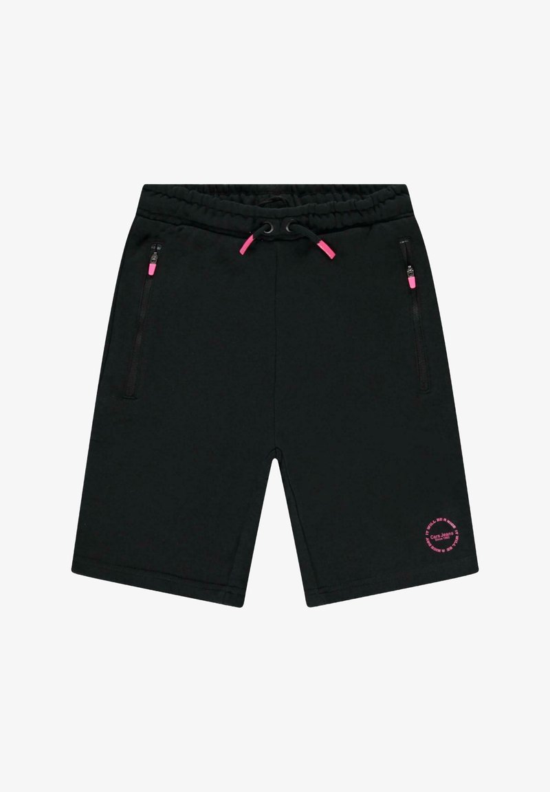 Zwarte sportshorts met roze trekkoorden en ritszakken, met een ronde roze logo aan de onderkant rechts.