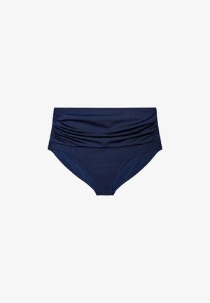 Marineblaue Bikinihose mit hohem Bund und gerafften Details entlang des Bundes, vor weißem Hintergrund dargestellt.