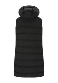 Svart pufferväst med huva, med en quiltad design och horisontella sömmar. Slät textur, knä-lång klippning och ingen synlig hårdvara.