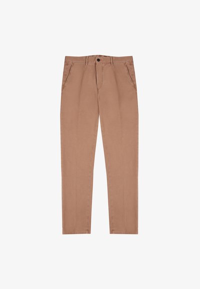 Beżowe bawełniane spodnie o prostym kroju, z przednimi kieszeniami, pojedynczym zapięciem na guzik i gładką fakturą.