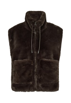 Donkerbruine mouwloze gilet van namaakbont met hoge kraag, ritssluiting voor, aantrekkoorden en twee voorzakken met klep.