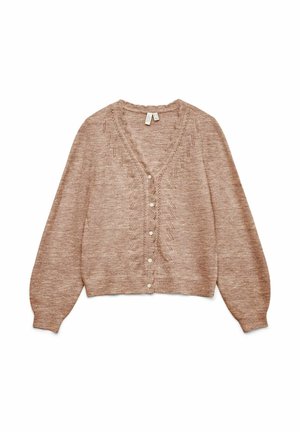 Gebreide cardigan in lichtbruin met een V-hals, lange mouwen en knoopsluiting. Kenmerkt zich door een gestructureerd patroon aan de voorkant.