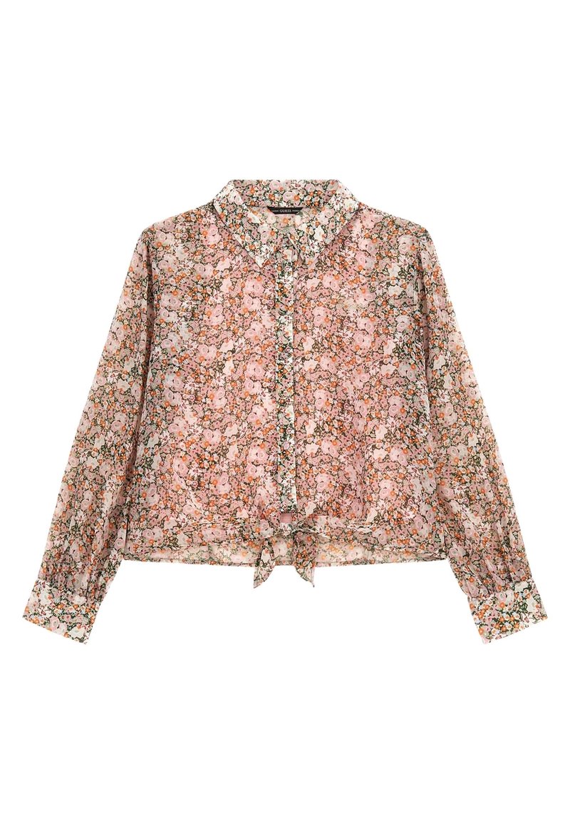 Bloes met bloemenpatroon in lichtgewicht, transparante stof, met een roze, witte en groene print, kraag en een strikdetail aan de onderkant.