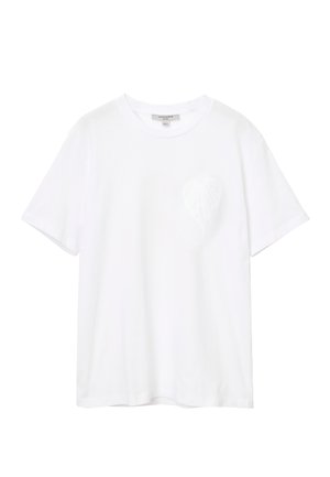 Hvid bomulds T-shirt med korte ærmer, rund halsudskæring og et diskret hjerteformet logo i tone-i-tone broderi på venstre brystområde.
