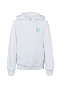 White hooded sweatshirt with a kangaroo pocket, ribbed cuffs, and hem. Features blue text "Dreams Over Reality" on the chest.