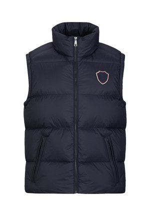 Marineblauwe gewatteerde vest met hoge kraag, rits aan de voorkant en twee zijzakken. Heeft een geborduurd schildlogo op de linkerkant van de borst.