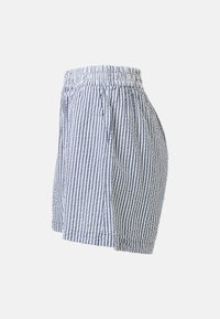 Shorts à rayures verticales bleues et blanches avec taille élastique et poches latérales, vus de côté sur un fond uni.
