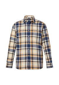 Camicia a scacchi con maniche lunghe nei colori blu, arancione e crema. Due taschini sul petto e colletto abbottonato. Materiale in cotone.