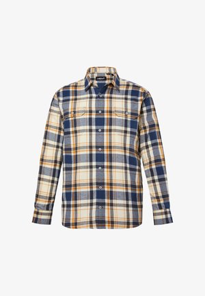 Camisa de cuadros de manga larga en colores azul, naranja y crema. Dos bolsillos en el pecho y cuello abotonado. Material de algodón.