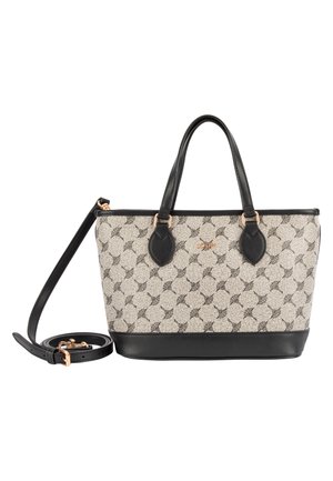 Beige und schwarze Handtasche mit gemustertem Stoff, schwarzen Ledergriffen, Boden und abnehmbarem Schulterriemen, mit kleinen goldfarbenen Details.
