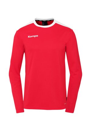 Long-sleeve red sports shirt made from lightweight fabric, featuring a white collar and shoulders, with "Kempa" logo printed in white.