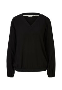 Top nero a maniche lunghe con scollo a V, dotato di bordo e polsini elasticizzati. Realizzato in tessuto liscio, presenta una vestibilità morbida senza motivi o accessori visibili.