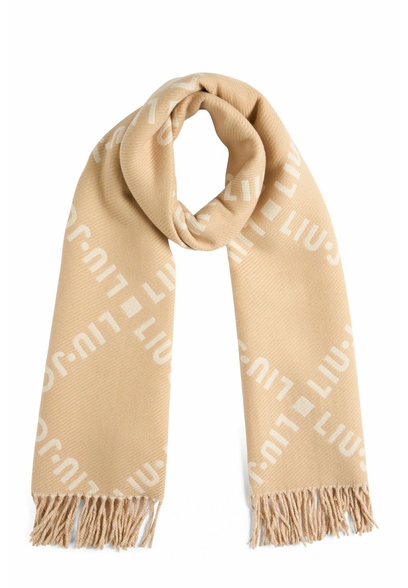 Sciarpa beige con un motivo intrecciato che presenta il testo "LIU•J" in bianco. Tessuto testurizzato con estremità frangiate.