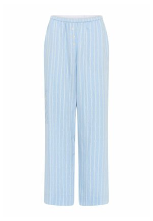  Lichtblauwe pyjamabroek met verticale witte strepen en subtiele bloemenpatronen. Elastische tailleband met knopen, wijde pijpen en zijzakken.