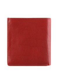 Portafoglio in pelle rossa con una texture liscia, design bi-fold e cuciture visibili lungo i bordi. Nessun marchio o logo visibile.