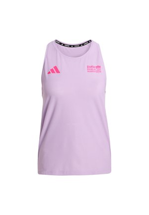 Light purple sleeveless athletic tank top with a round neckline, featuring a pink logo for the BMW Berlin Marathon and a black accent band.
