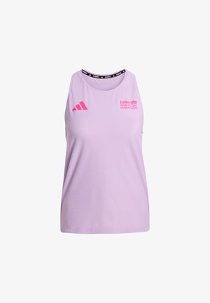 Light purple sleeveless athletic tank top with a round neckline, featuring a pink logo for the BMW Berlin Marathon and a black accent band.
