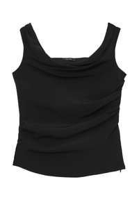 Schwarzes ärmelloses Oberteil mit einem Halsauschnitt im Cowl-Design, das mit drapiertem Stoff und einer figurbetonten Silhouette gestaltet ist. Glatte Textur, entworfen für eine enge Passform.