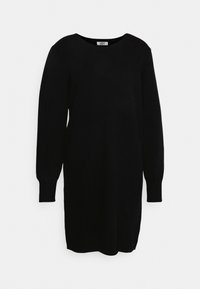 Robe noire tricotée à manches longues, col rond et poignets côtelés. Texture lisse et longueur aux genoux pour une coupe décontractée.