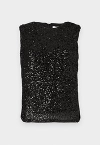 Top preto sem mangas coberto por pequenas lantejoulas pretas brilhantes, com decote redondo e fecho de zíper nas costas, exibido de forma plana.