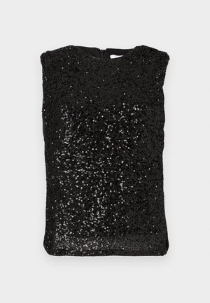 Čierny top bez rukávov pokrytý malými lesklými čiernymi flitrami, s okrúhlym výstrihom a zipsom na chrbte, vystavený plochý.