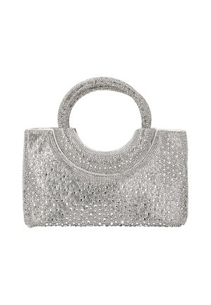 Borsa rettangolare argento con manico arrotondato, completamente ricoperta di piccoli strass scintillanti e decorazioni con perline.