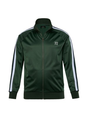 Chaqueta verde con cremallera hecha de poliéster brillante. Presenta franjas laterales blancas y puños y dobladillo acanalados. Logo en la parte izquierda del pecho.