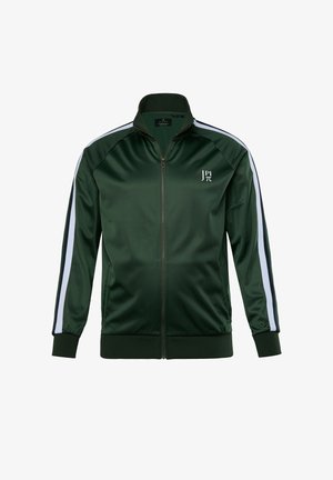 Groene zip-up jas van glanzend polyester. Beschikt over witte zijstrepen en ribgebreide mouwen en zoom. Logo op de linkerkant van de borst.