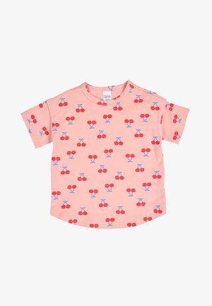 Kurzärmeliges pinkfarbenes Kinder-T-Shirt mit einem Muster aus roten Kirschen mit blauen Stielen und kleinen Gesichtern auf jeder Kirsche.