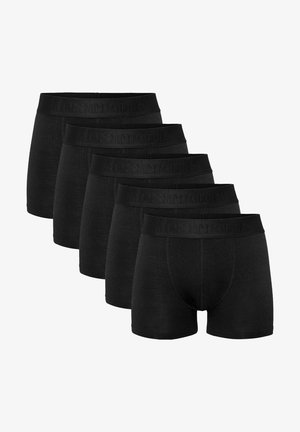 Zwarte katoenen boxer briefs met een elastische tailleband met reliëfbranding. Het ontwerp is aansluitend met een soepel textuur. Vijf paren worden weergegeven.