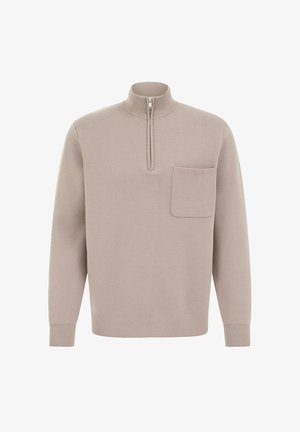 Bežna zip-up pulover s visokim ovratnikom, rebrastimi manšetami in žepom na prsih; narejen iz mehkega, teksturiranega pletenega materiala.