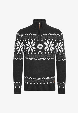 Maglione a maglia grigio scuro con colletto alto, chiusura con zip e motivo di fiocchi di neve bianchi su petto e maniche.