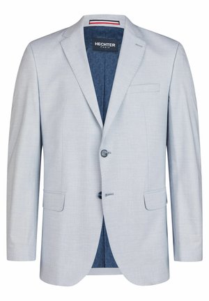 Helles blaues Blazer aus strukturiertem Stoff, mit Reverskragen, zwei vorderen Knöpfen und einem einfarbigen blauen gemusterten Futter.