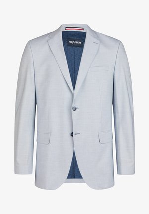 Helles blaues Blazer aus strukturiertem Stoff, mit Reverskragen, zwei vorderen Knöpfen und einem einfarbigen blauen gemusterten Futter.