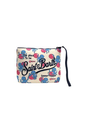 Piccola borsa con cerniera con polpi blu che tengono palline rosse, testo "Saint Barth" e "The place to be, Summer Paradise" su sfondo crema.