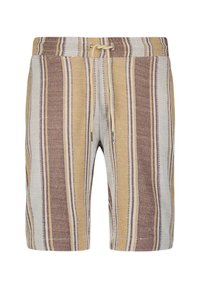 Gestreepte shorts in beige, bruin en lichtblauw. Kenmerken zijn een elastische tailleband met trekkoord, lichte stof en een knielange snit.