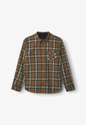 Brah zeleni karirast srajc z dolgimi rokavi, ki ima modre in smetanaste črte, ovratnik z gumbi ter žepek na levi strani prsnega dela.