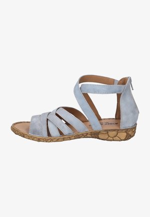 Sandal in pelle blu chiaro con più fascette incrociate, apertura sul retro e suola naturale testurizzata. Presenta una soletta imbottita per il comfort.
