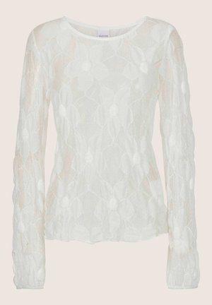 Witte lange mouwen doorschijnende blouse met bloemachtig kanten patroon, ronde halslijn en licht getailleerd silhouet.