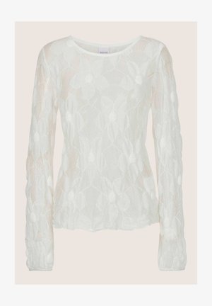Witte lange mouwen doorschijnende blouse met bloemachtig kanten patroon, ronde halslijn en licht getailleerd silhouet.
