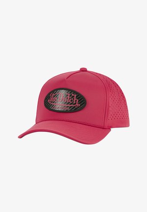 Casquette de baseball rose avec une visière incurvée, dotée d'un patch logo en relief noir et de panneaux latéraux perforés pour la breathabilité.