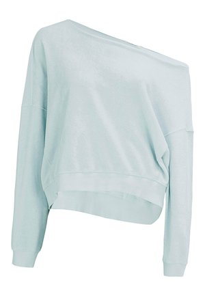 Sweatshirt oversize bleu clair, avec un design à une épaule, des poignets côtelés et un ourlet court. Tissu doux avec une texture lisse.