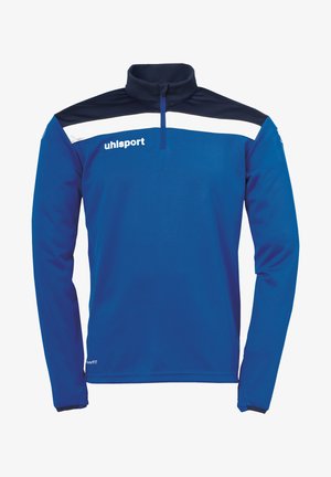 Blauw langemouw atletisch shirt met hoge kraag, met een marineblauw schouderpaneel en witte horizontale streep; bevat logodetail.
