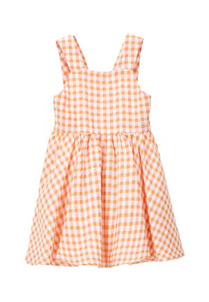 Vestito senza maniche per bambini piccoli con motivo vichy arancione e bianco e gonna arricciata.