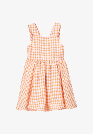 Ärmelloses Kleid für Kleinkinder mit orange-weißem Vichy-Karo-Muster und gerafftem Rock.