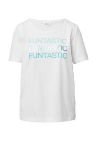 T-shirt en coton blanc avec le mot "Funtastic" imprimé dans des nuances variées de bleu et en argent métallique sur le devant. Manches courtes.