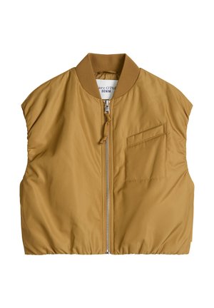 Brązowa ocieplana kamizelka bez rękawów z przednim zamkiem błyskawicznym, prążkowanym kołnierzem oraz przeszytą kieszenią na piersi po prawej stronie.