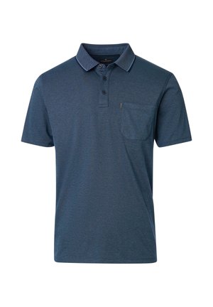 Herren-Polohemd mit kurzen Ärmeln in Navyblau, mit drei Knöpfen, einem Kragen mit blauer Einfassung und einer Brusttasche vor weißem Hintergrund.
