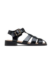 Sandales noires en cuir avec plusieurs brides, design à bout ouvert et boucle latérale. Elles présentent un petit talon épais et une texture lisse.